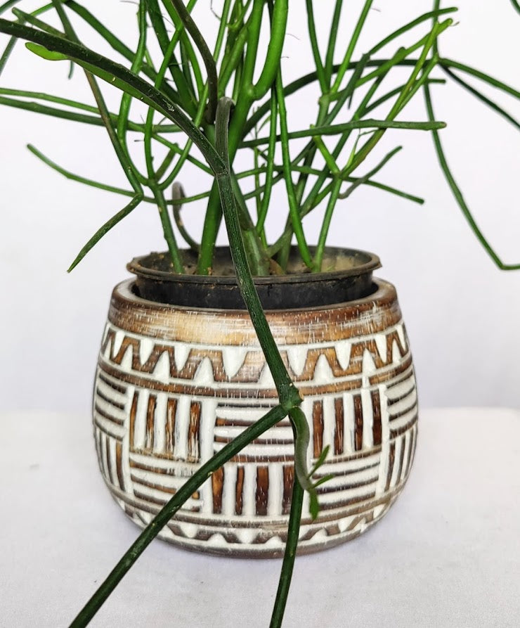 Handmade Carved Tribal Line Pattern Wooden Bowl | Planter