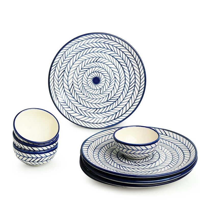 Maatikosh Handcrafted Blue Chevron Dinner Plates with Bowls