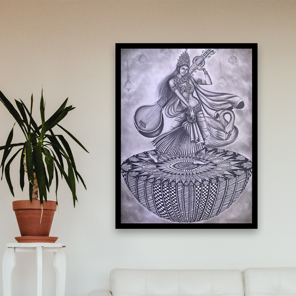 Goddess Sarasvati Charcoal Art