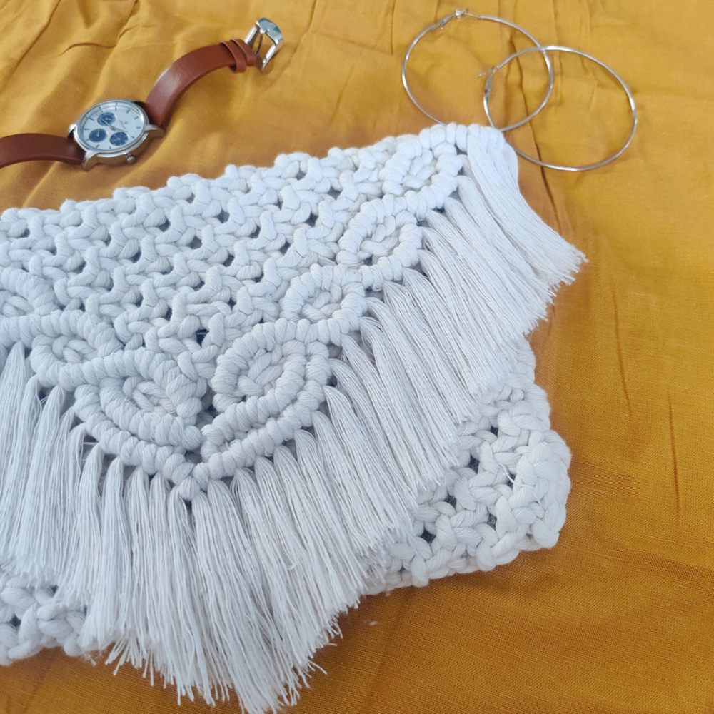 Macrame Sling Bag in Mustard/White