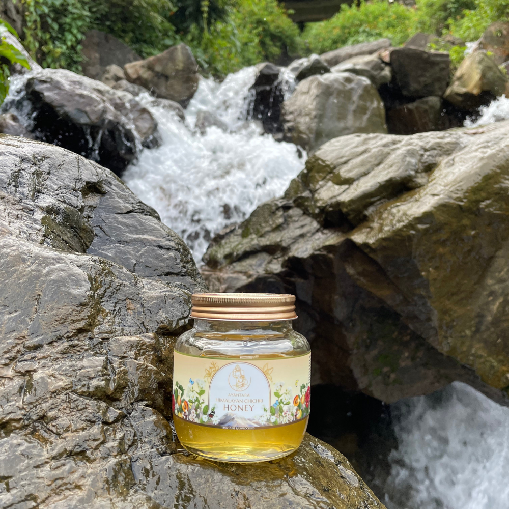 Jar of Himalayan Chichri Honey (250g) by Ayantara placed on a rock in front of a vibrant waterfall, showcasing its raw, pure, and unprocessed quality straight from the honeycomb.