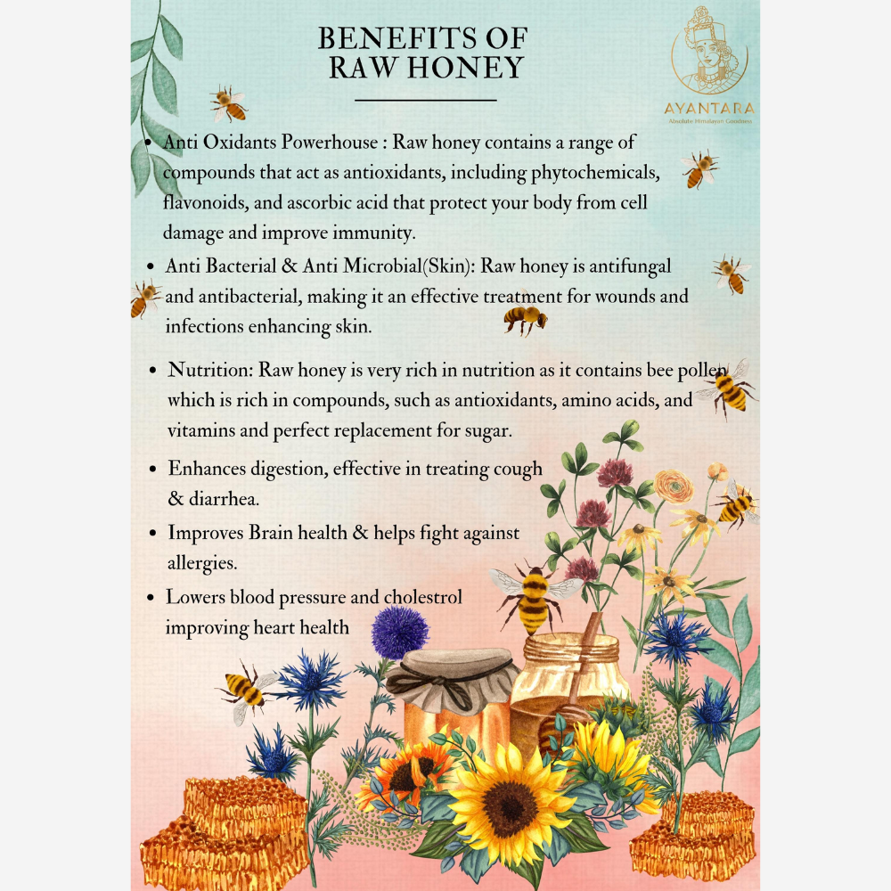 Benefits of Ayantara Himalayan Chichri Honey (250g): Rich in antioxidants, antibacterial, antifungal, aids digestion, boosts brain health, lowers blood pressure, improves heart health.