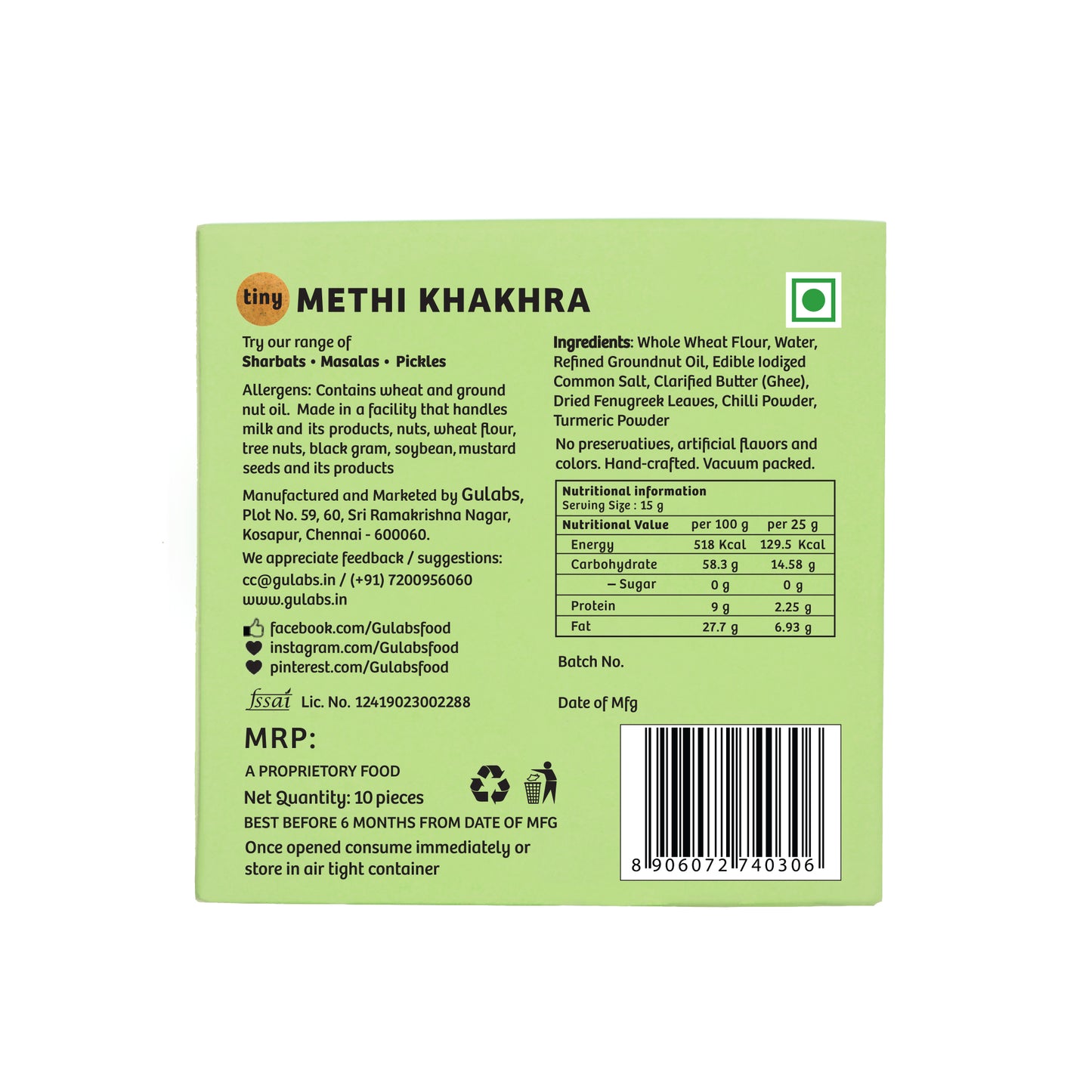Gulabs Tiny Methi Khakhra (Pack of 10)