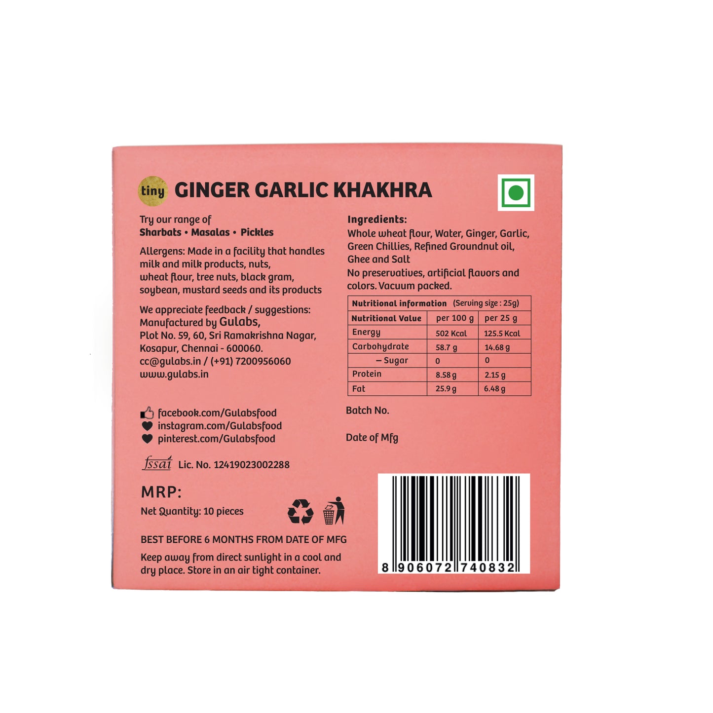 Gulabs Tiny Ginger Garlic Khakhra (Pack of 10)