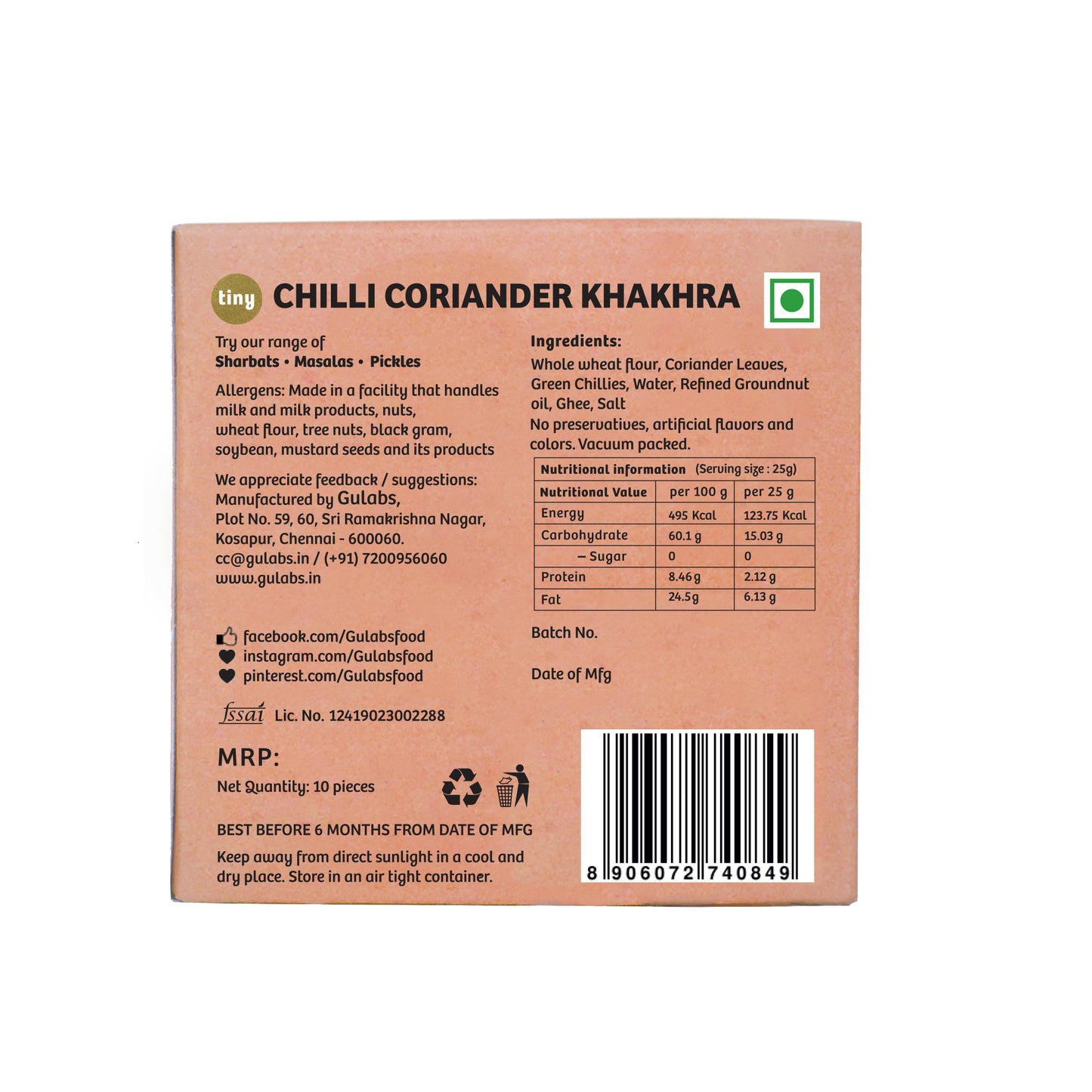 Gulabs Tiny Chilli Coriander Khakhra (Pack of 10)