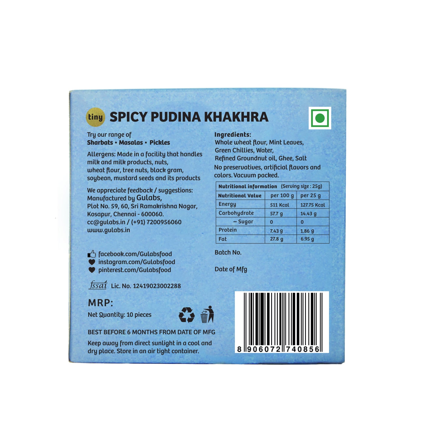 Gulabs Tiny Spicy Pudina Khakhra (Pack of 10)