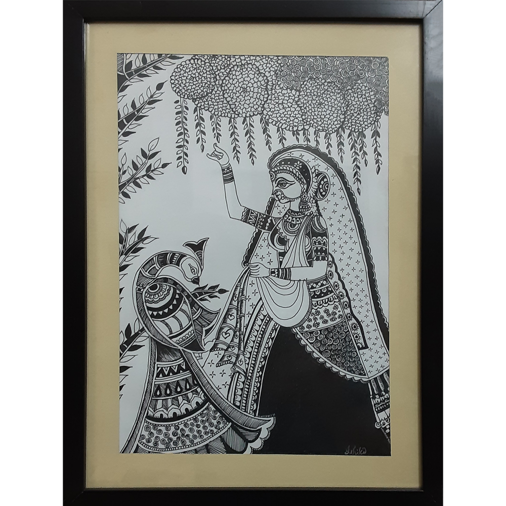 Lady & The Peacock - Madhubani Art