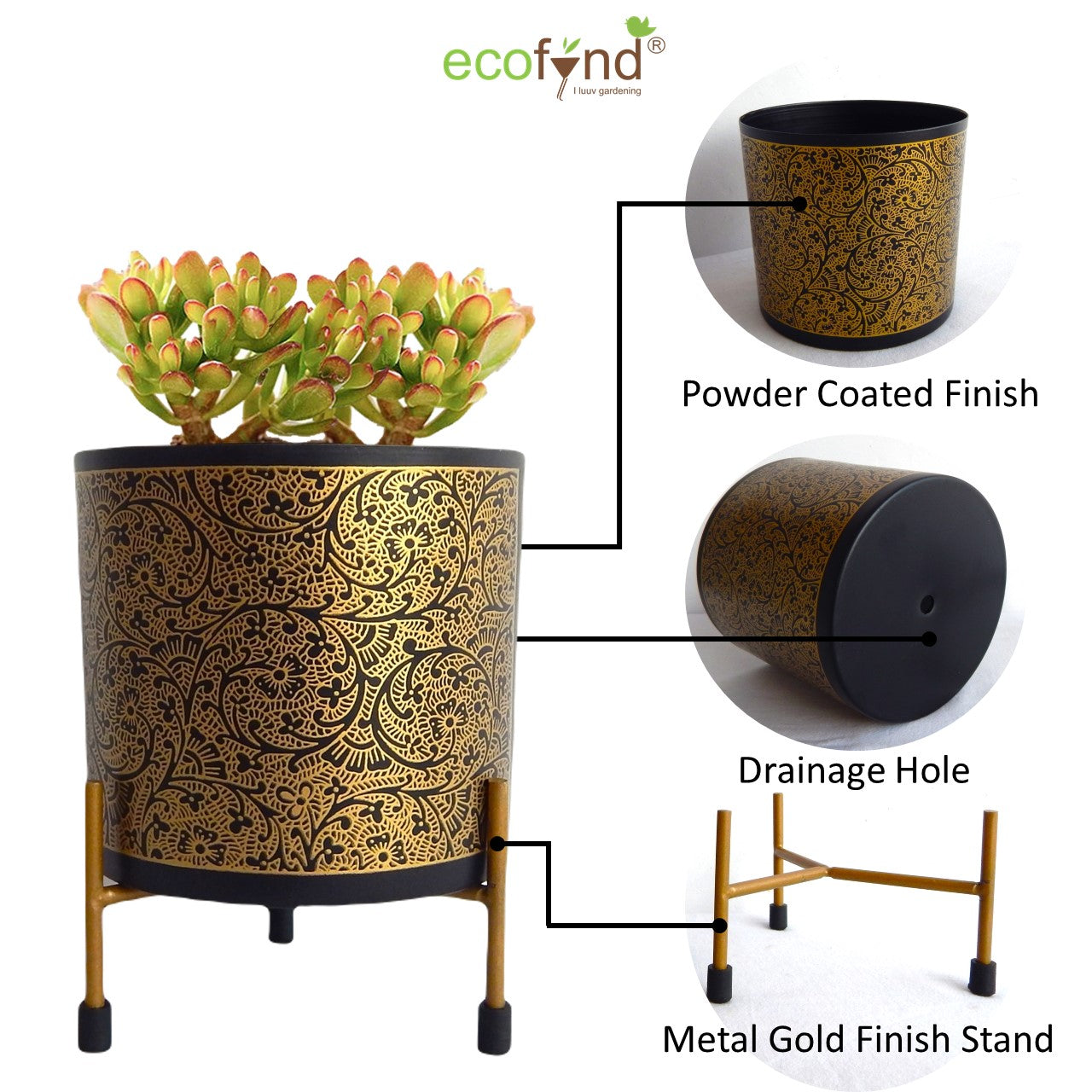 ecofynd Alan Black Metal Planter Pot with Gold Stand