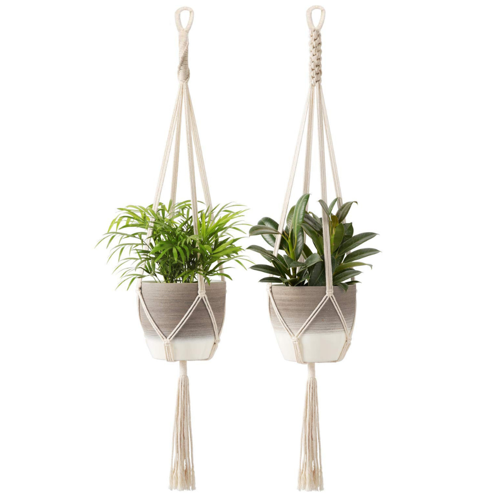 ecofynd White Macrame Cotton Boho Plant Hanger (Pack of 2)