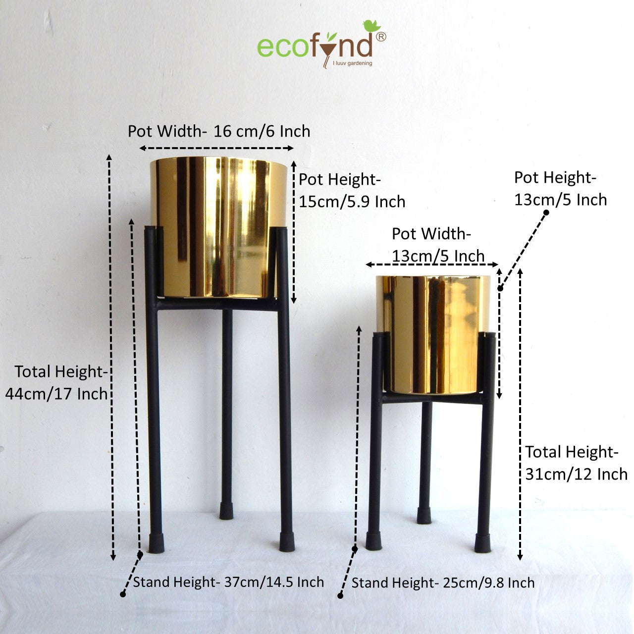 ecofynd Golden Emma Mid Century Metal Plant Pot Set