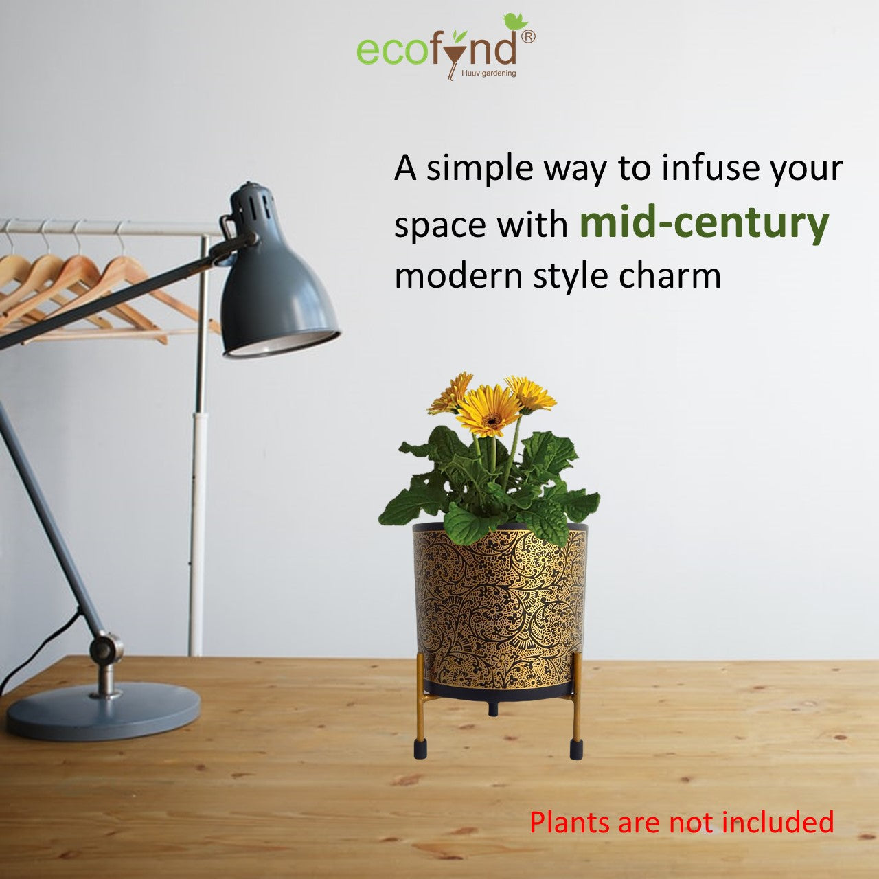 ecofynd Alan Black Metal Planter Pot with Gold Stand