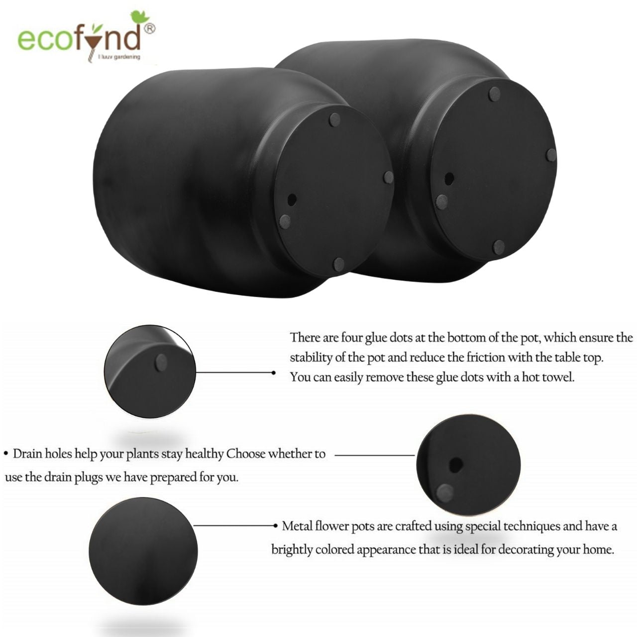 ecofynd Black Eva Metal Plant Pot with Stand (Set of 2)