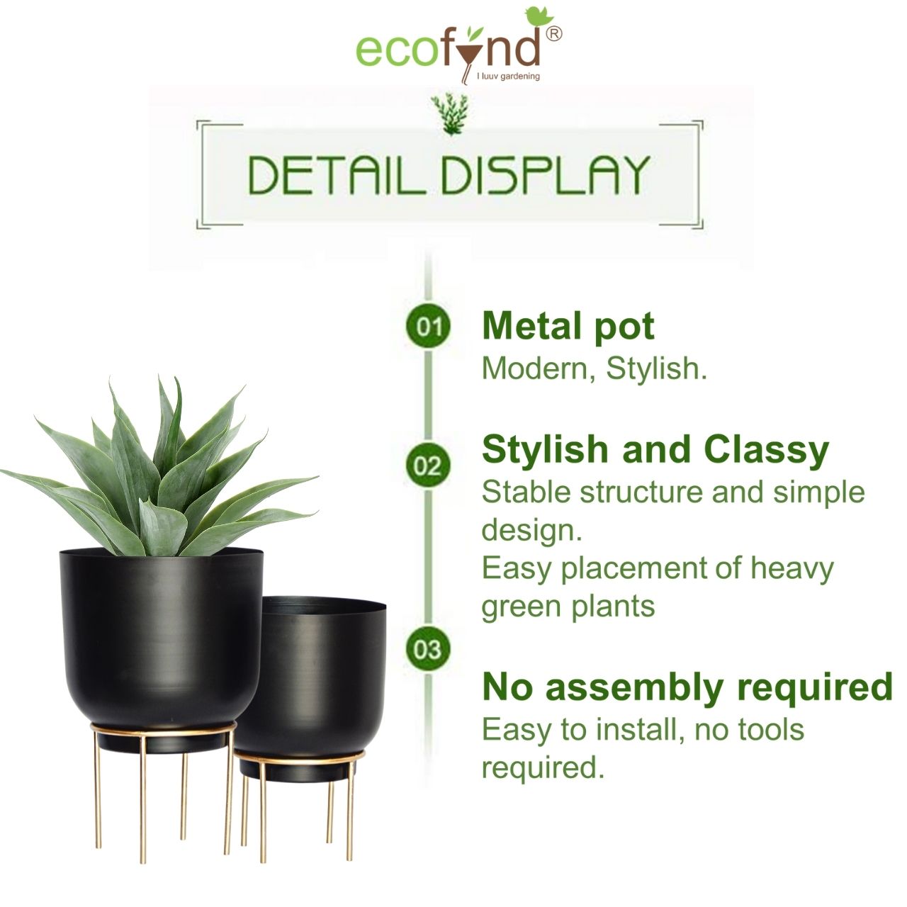 ecofynd Black Eva Metal Plant Pot with Stand (Set of 2)