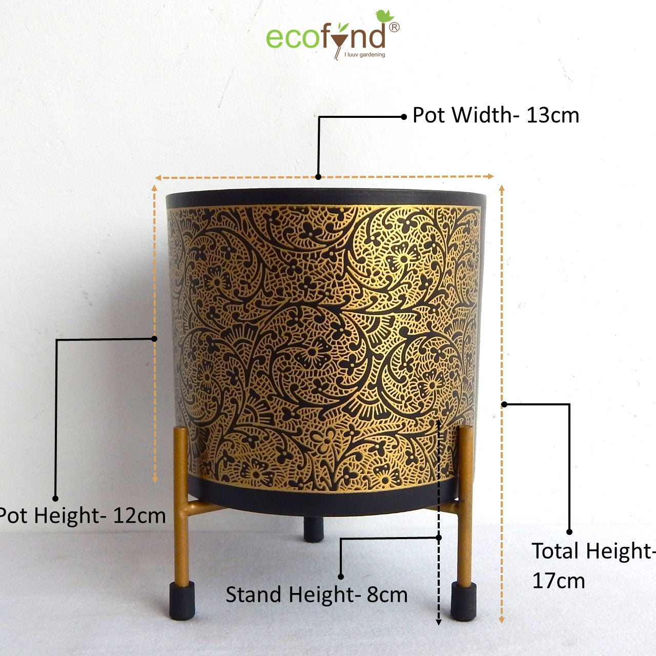 ecofynd Alan Black Metal Planter Pot with Gold Stand