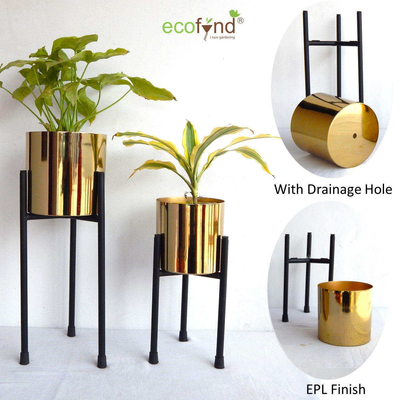 ecofynd Golden Emma Mid Century Metal Plant Pot Set