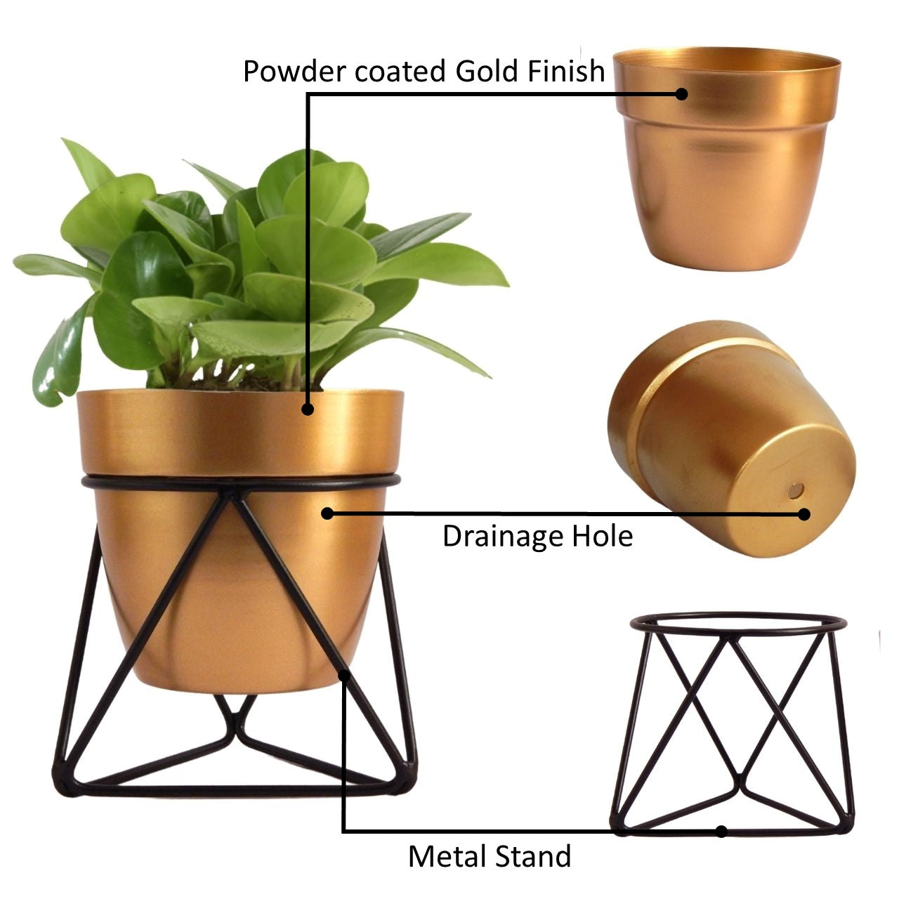 ecofynd Noa Gold Metal Planter Pot with Black Stand