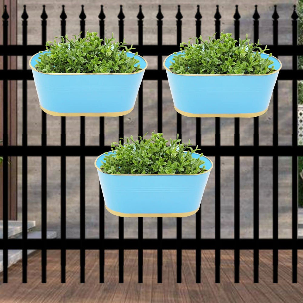 ecofynd Blue Oval Balcony Railing Planter with Detachable Handle (Set of 3)