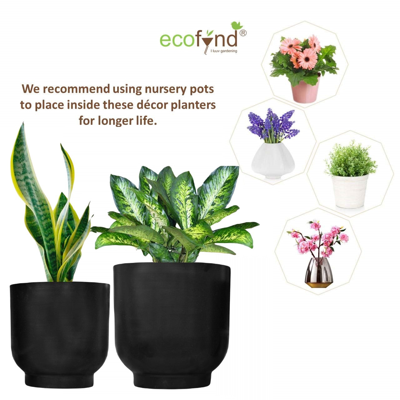 ecofynd Black Eva Metal Plant Pots (Set of 2)