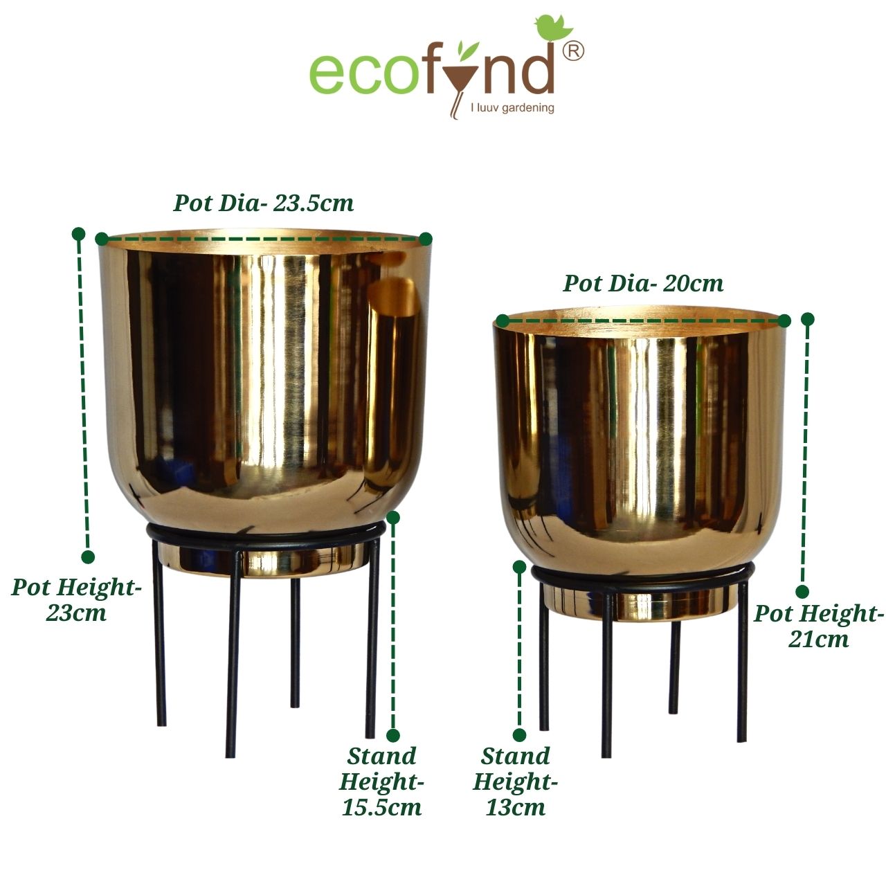 ecofynd Golden Eva Metal Plant Pot with Stand (Set of 2)