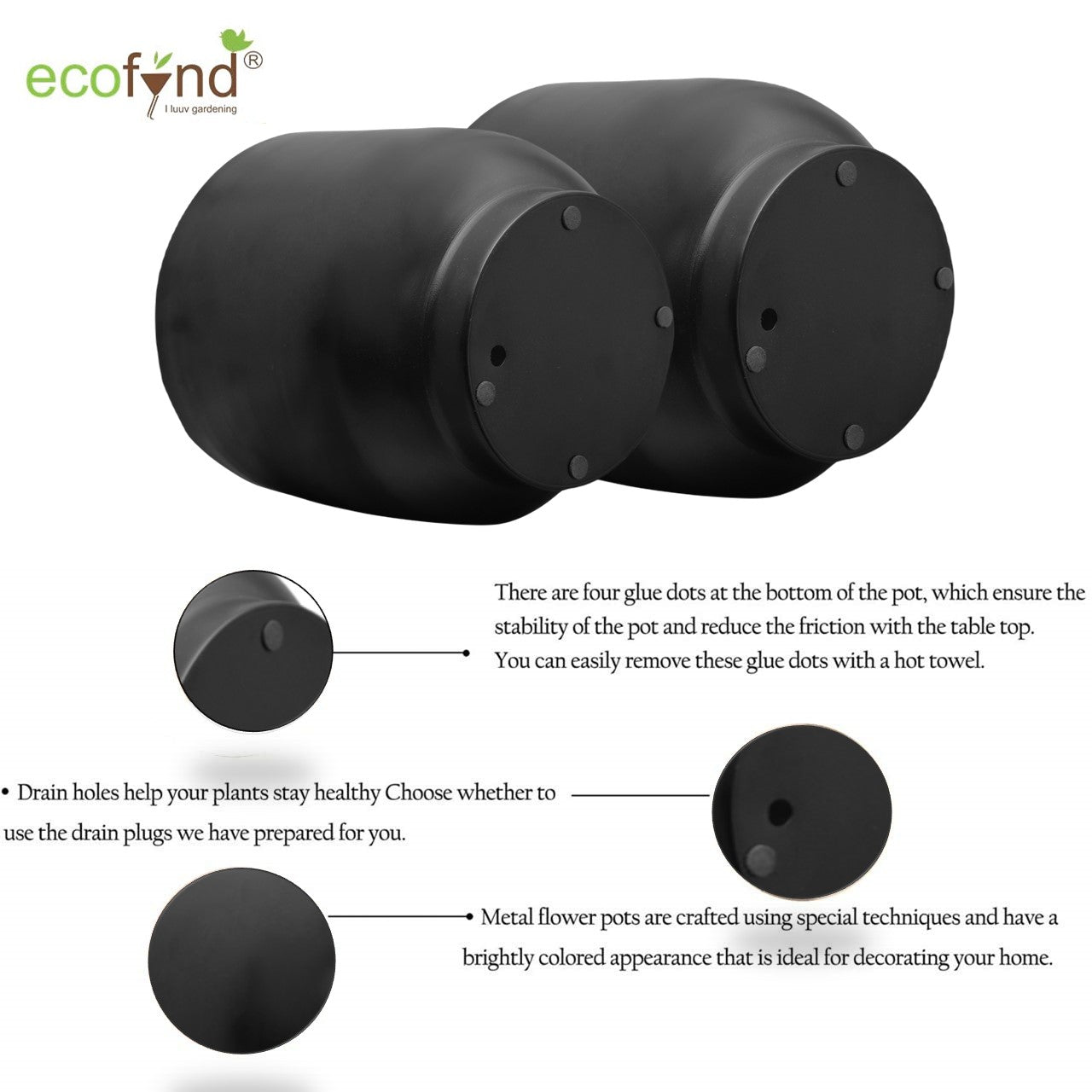 ecofynd Black Eva Metal Plant Pots (Set of 2)