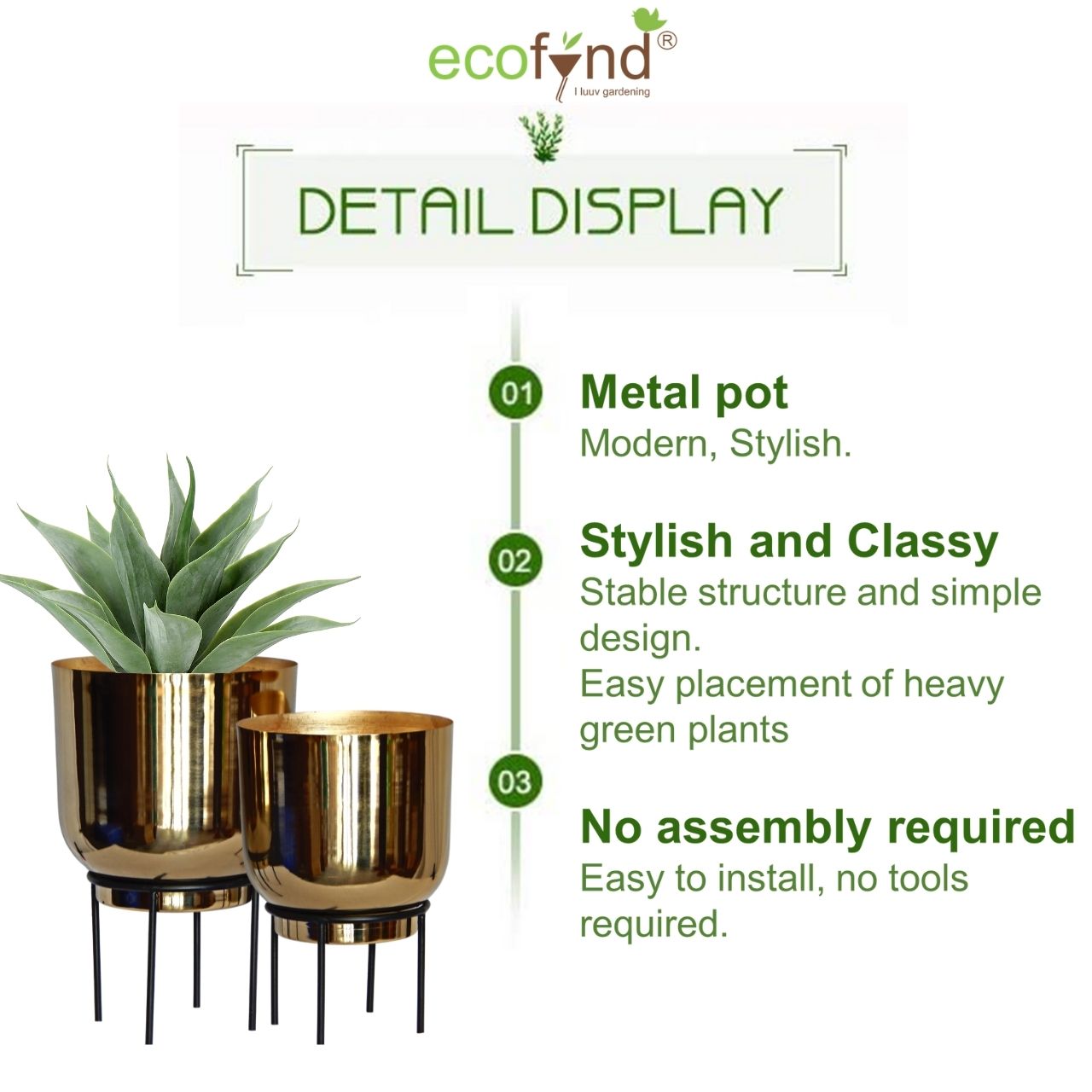 ecofynd Golden Eva Metal Plant Pot with Stand (Set of 2)