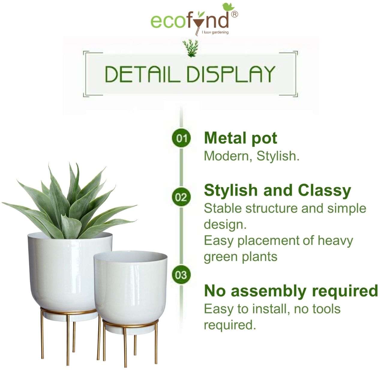 ecofynd White Eva Metal Plant Pot with Stand (Set of 2)