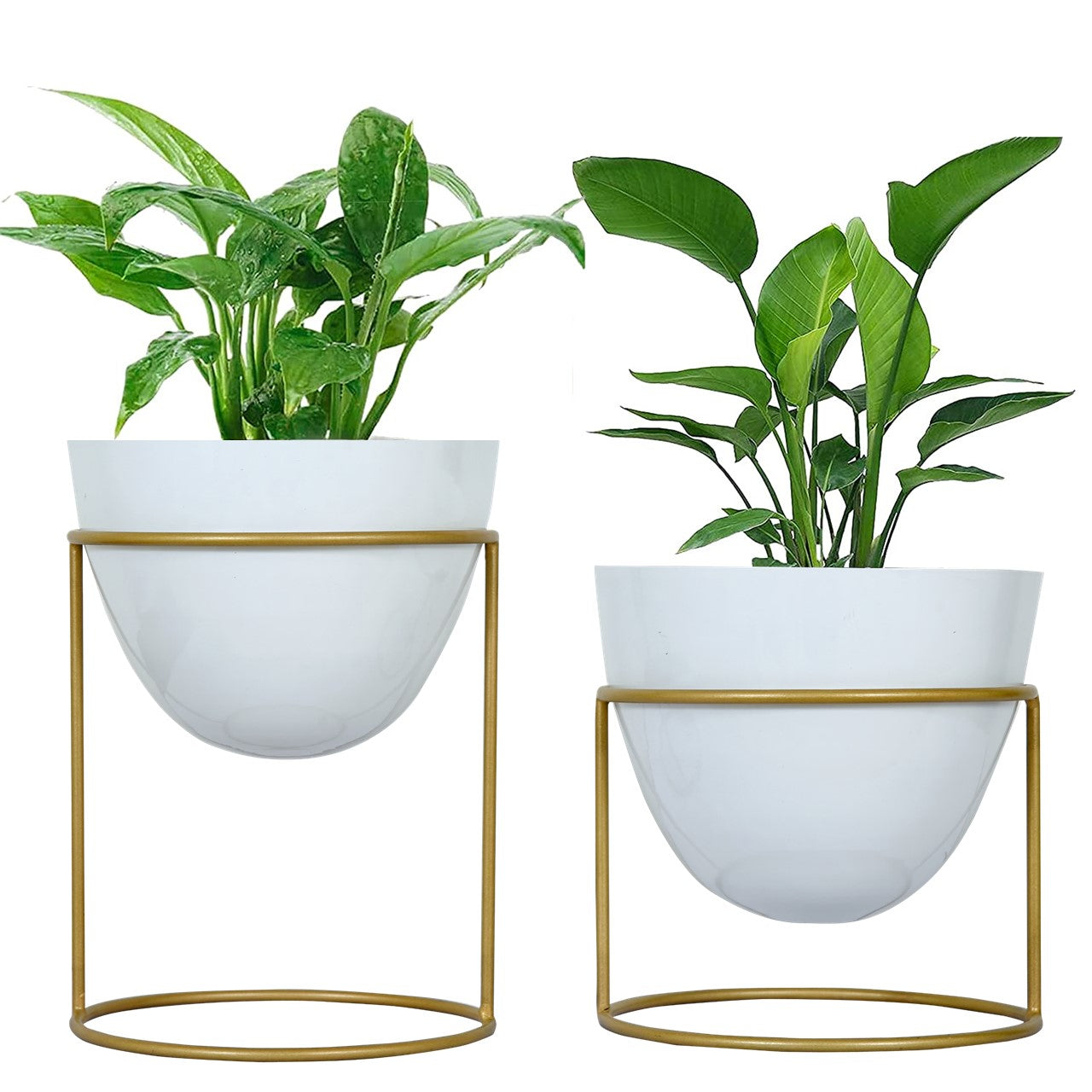 ecofynd White Alle Metal Plant Pot with Stand (Set of 2)