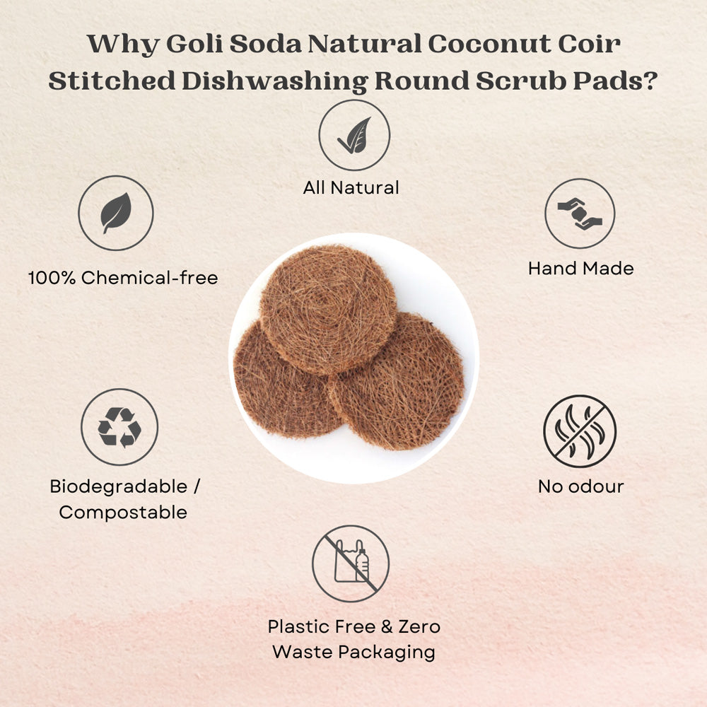 
                  
                    Goli Soda Natural Coconut Coir Round Stitched Dishwashing Scrub Pads (Pack of 6 Scrubs)
                  
                