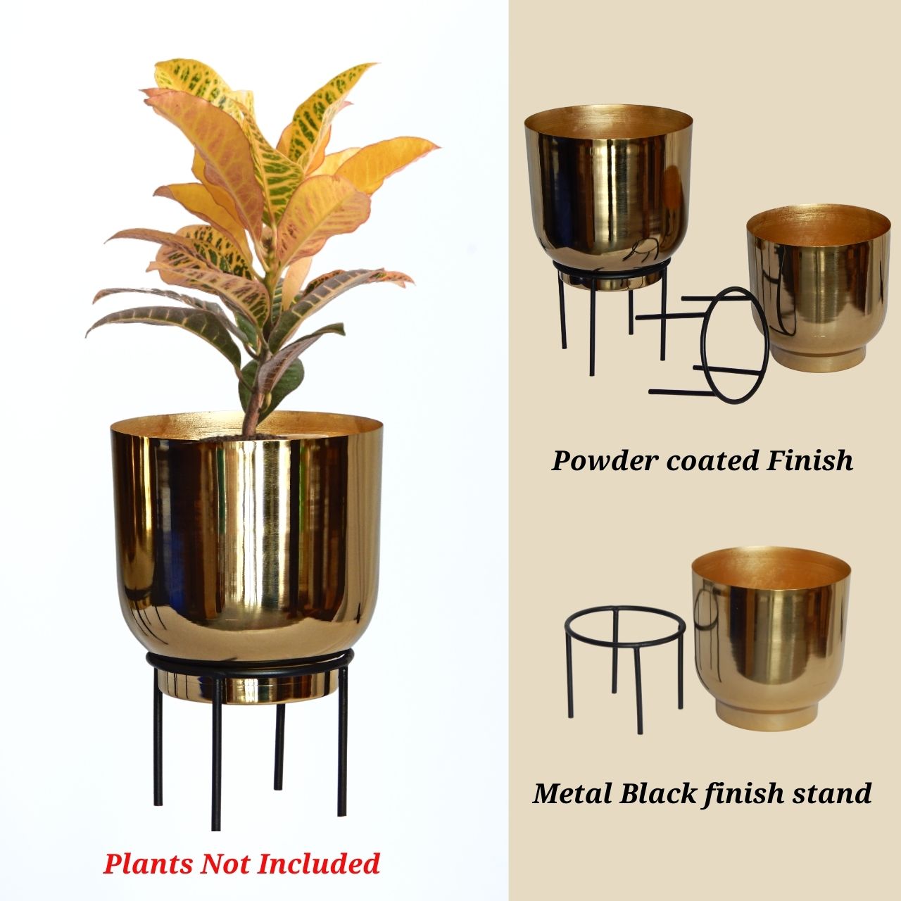 ecofynd Golden Eva Metal Plant Pot with Stand (Set of 2)