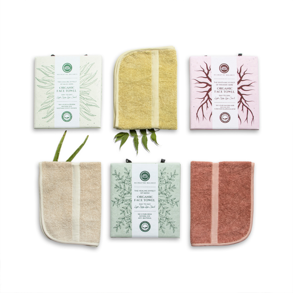 Kalmic Organic Face Towel Set of 3 - Pink, Green, Ivory. Super soft, 100% organic, naturally dyed, reversible face towels, perfect for sensitive skin. Ideal for gym, travel, and everyday use. Eco-friendly packaging.
