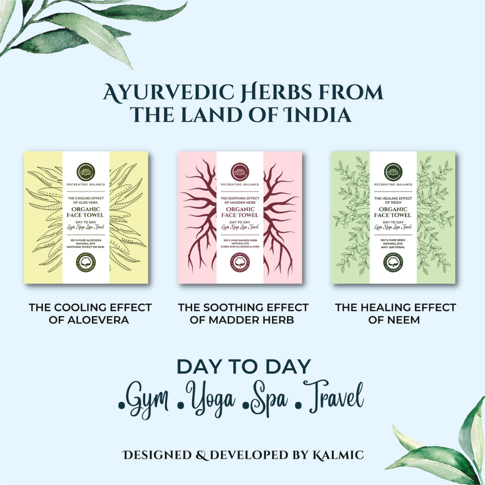 Kalmic Organic Face Towel Set of 3 in Pink, Green, and Ivory with Ayurvedic herbs - Aloe Vera, Madder Herb, and Neem for daily use in gym, yoga, spa, and travel, designed for skin health and eco-friendly living.