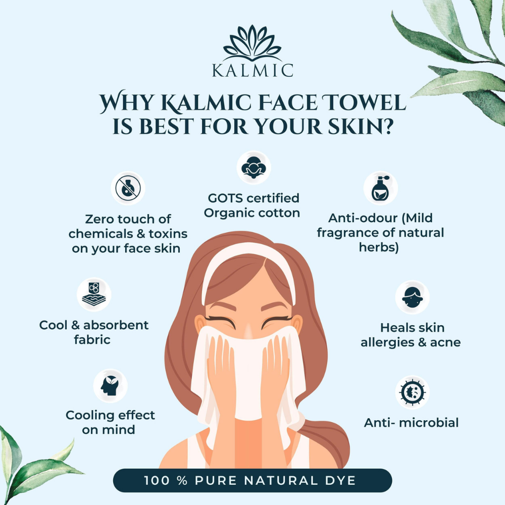 Kalmic Organic Face Towels - Pink, Green, Ivory (Set of 3), showcasing benefits like zero chemicals, GOTS certified organic cotton, anti-odor, cool and absorbent fabric, anti-microbial, and healing skin properties.
