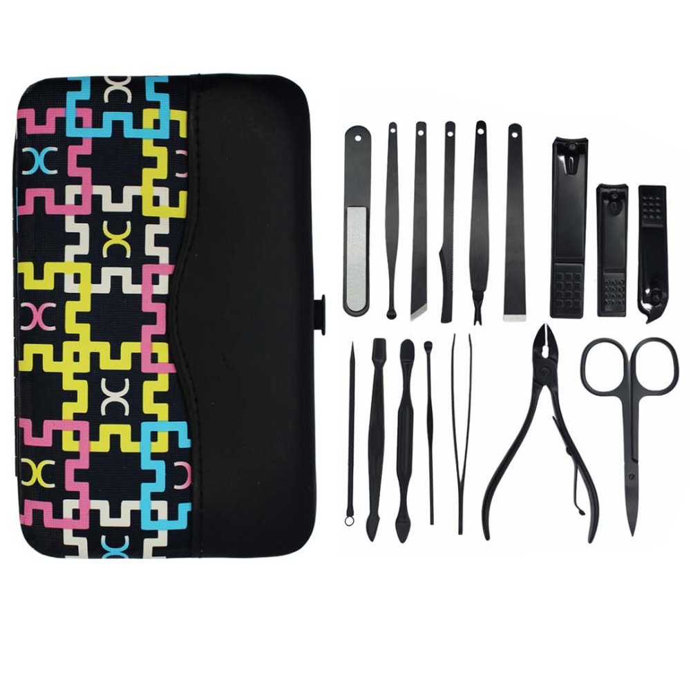 16-in-1 Black Stainless Steel Manicure Pedicure Grooming Kit With Case - Kreate- Mani & Pedi