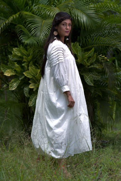 
                  
                    SONGS OF SILENCE- Handmade Pleated and Flared Muslin Cotton Designer wear / Summer Dress / Party Wear for Special Occasion
                  
                