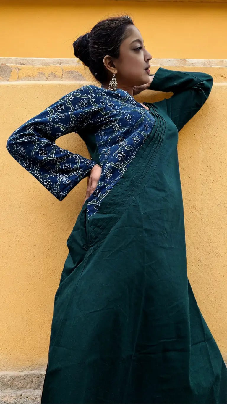 ABASHA - Free Flow Kimono themed Front Up Back Down Flow Dress Ajrakh block Print highlights on right Sleeve and Neck Line .