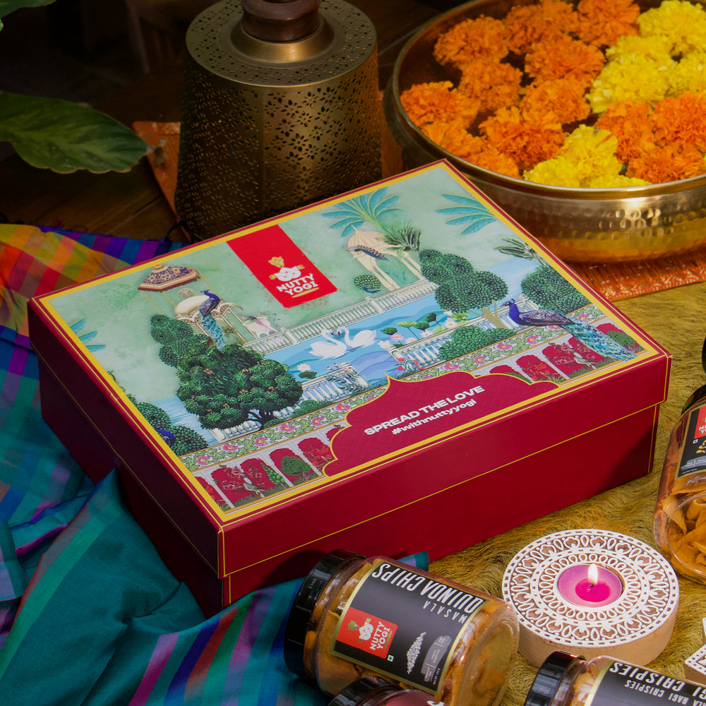 Nutty Yogi Festival Gift Pack for Family & Friends | Festive Gifting |Corporate Gifting I Healthy Snacks, Premium, Gift Hamper | (Ragi Bhujiya) | (Chatpata Magic Pops) | (Gud Chana) | (Beetroot Bhujiya) | (Pudina Chips) | ( Smoked Caramel Makhana)