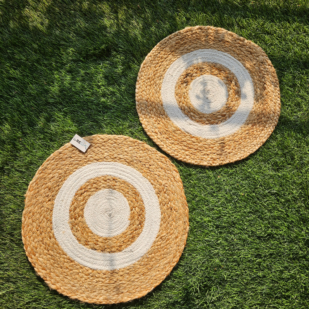 Dining Mat round white and jute- Set of 2 mats