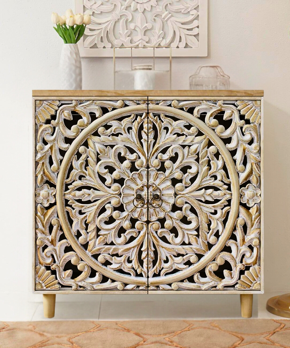 Wooden Handcarved Antique Solid Mango Wood Sideboard Cabinet with Intricate Carvings, 30x15x31.5 Inches – Storage for Living Room, Bedroom, and Hotel