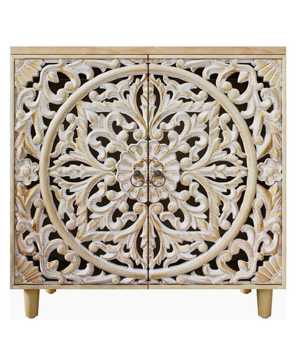 
                  
                    Wooden Handcarved Antique Solid Mango Wood Sideboard Cabinet with Intricate Carvings, 30x15x31.5 Inches – Storage for Living Room, Bedroom, and Hotel
                  
                