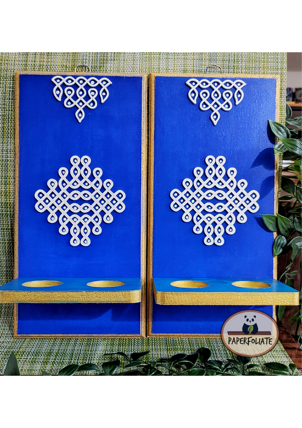 WOODEN WALL HUNG T-LIGHT HOLDER- KOLAM DESIGN.