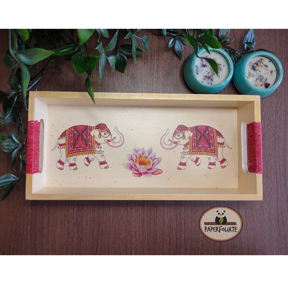 WOODEN TRAY - ETHNIC ELEPHANTS DESIGN