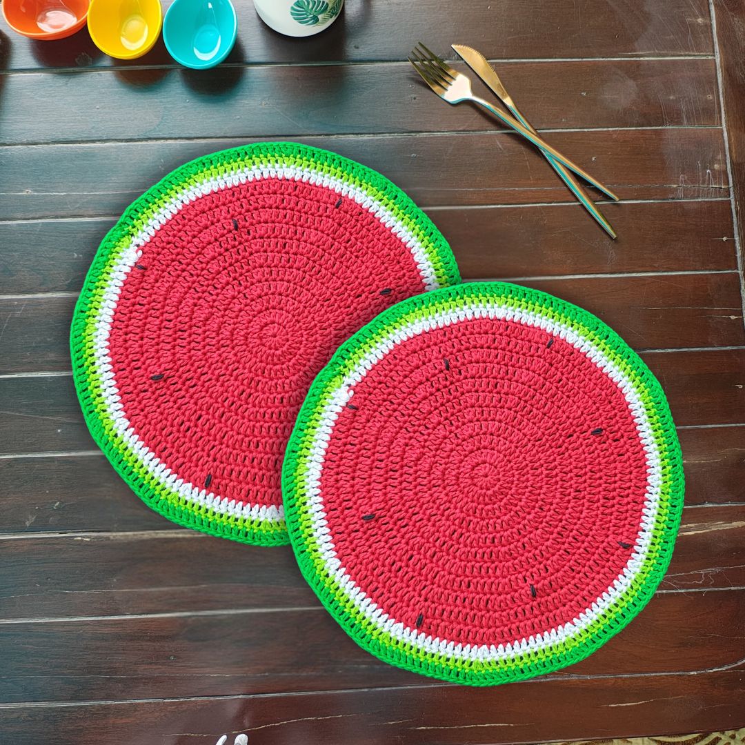 
                  
                    Handmade Watermelon Crochet Table Mat – 13.5" Round Summer Placemat
                  
                