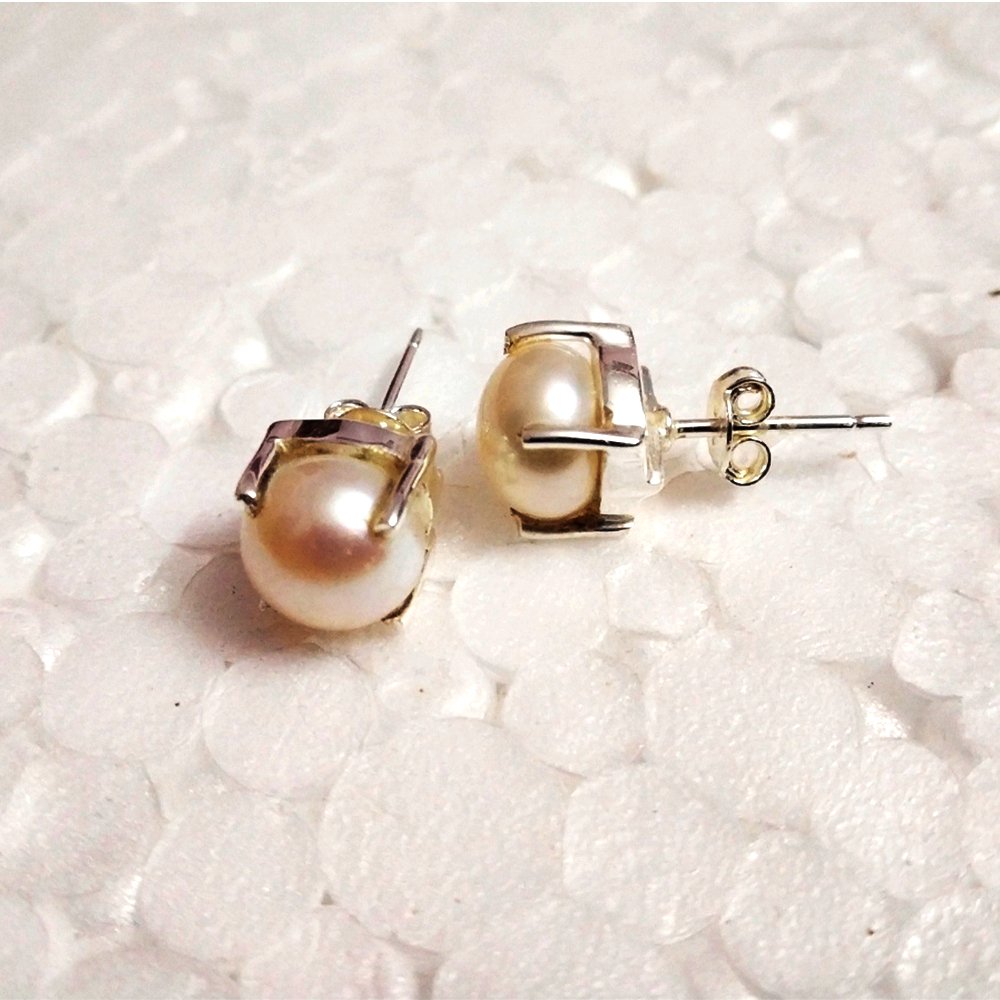 925 Sterling Silver Natural Pearl Stud Earrings - Kreate- Earrings