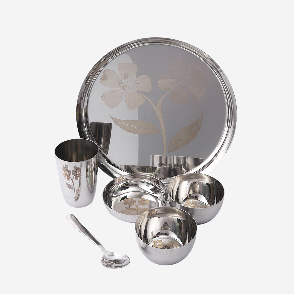 
                  
                    Abode Premium High Guage Stainless Steel Thali Set with Laser Engraving (Set of 6) - Kreate- Serveware
                  
                