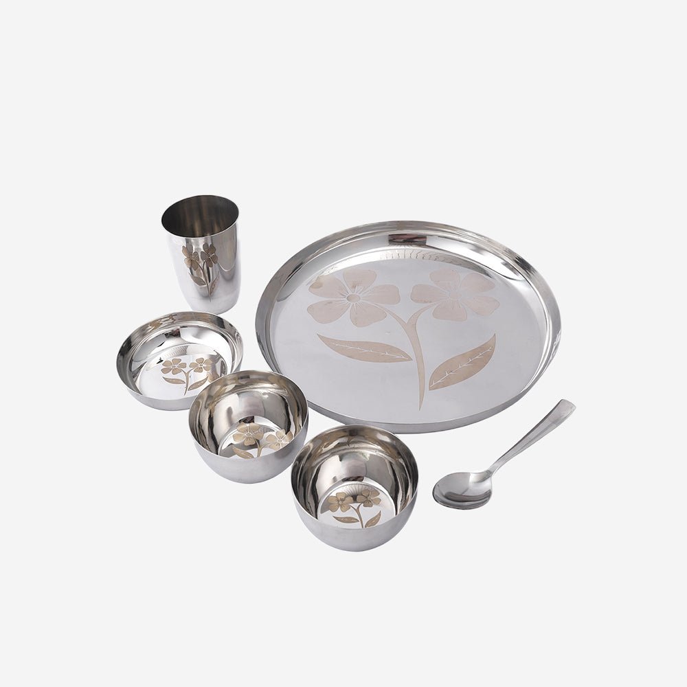 
                  
                    Abode Premium High Guage Stainless Steel Thali Set with Laser Engraving (Set of 6) - Kreate- Serveware
                  
                