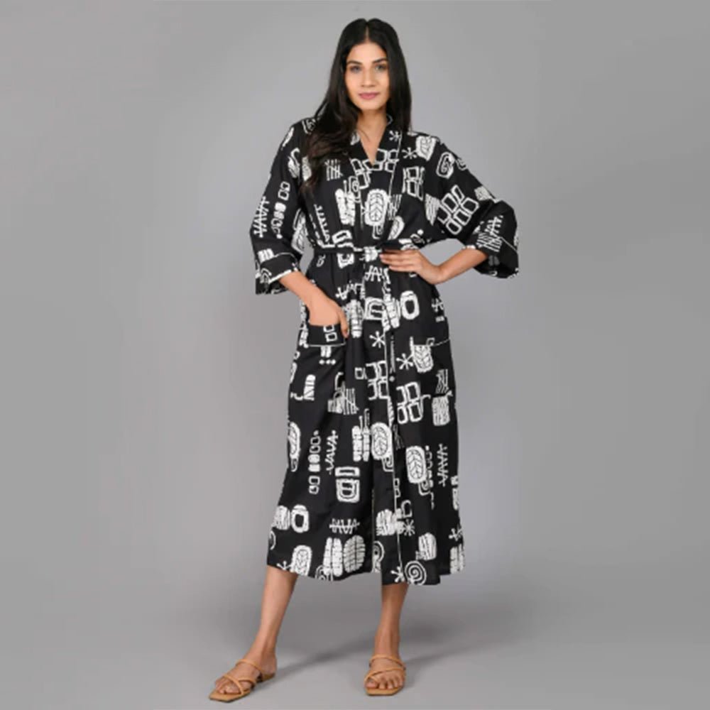 Abstract Pattern Kimono Robe Long Bathrobe For Women (Black) - Kreate- Nightwear