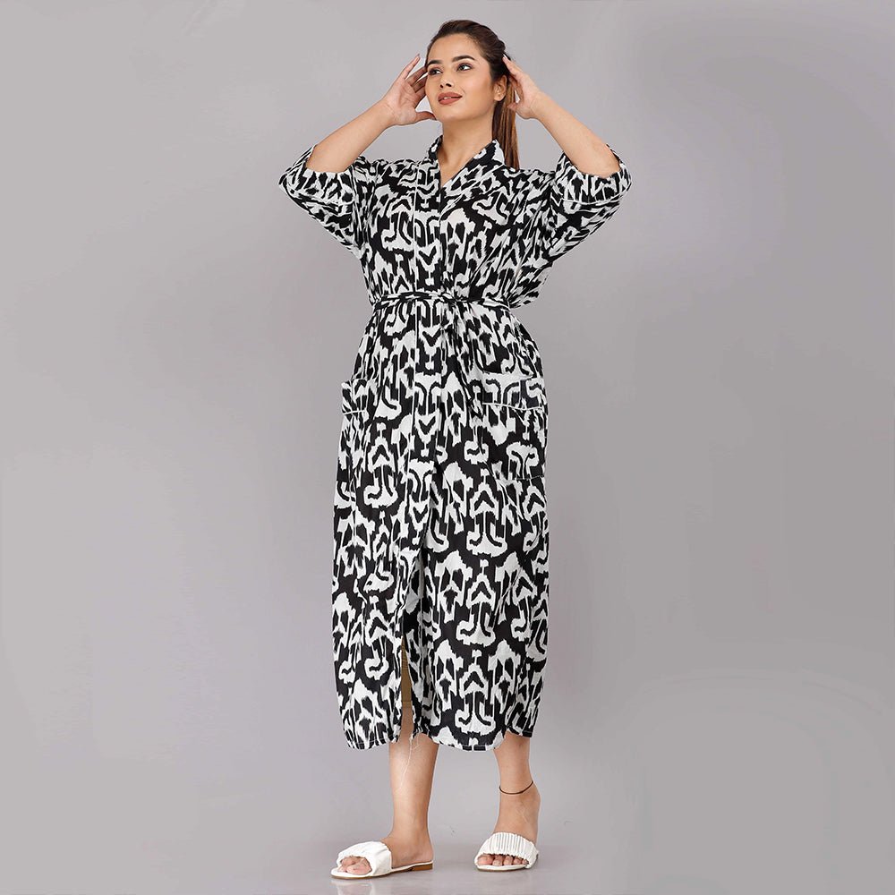 Abstract Pattern Kimono Robe Long Bathrobe For Women (Black) - Kreate- Nightwear