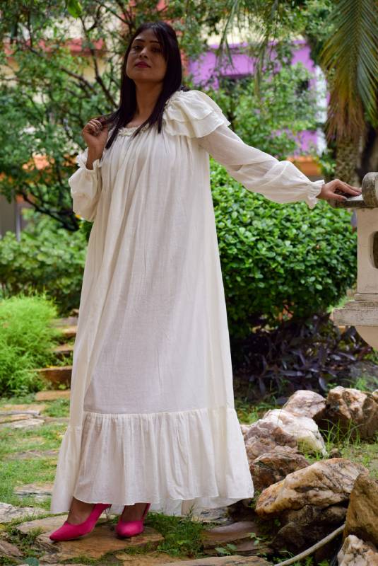 AEOLIAN FANTASY-Muslin Cotton Long & Loose Designer Maxi Dress | Casual Retro Dress For Summer with Long Ruffled Sleeves - Kreate- Clothing Sets