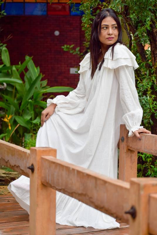 
                  
                    AEOLIAN FANTASY-Muslin Cotton Long & Loose Designer Maxi Dress | Casual Retro Dress For Summer with Long Ruffled Sleeves - Kreate- Clothing Sets
                  
                