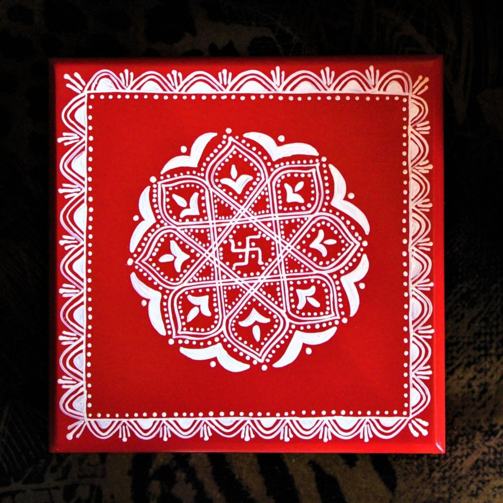 
                  
                    Aipan Inspired Handpainted Square Wooden Puja Table / Chowki / Footstool for Home - Kreate- Pooja Needs
                  
                